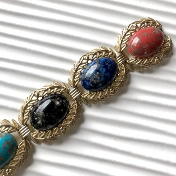 Vintage 60’s speckled cabochon laurel leaf linked bracelet - Picture 1 of 5